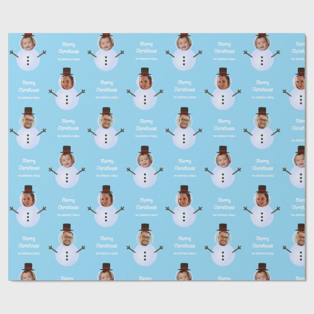 Blue Funny Custom Face Snowman Merry Christmas  Wrapping Paper (Flat)