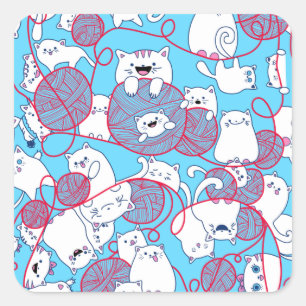 Blue Funny Cute Knitting Kitten Ball Square Sticker