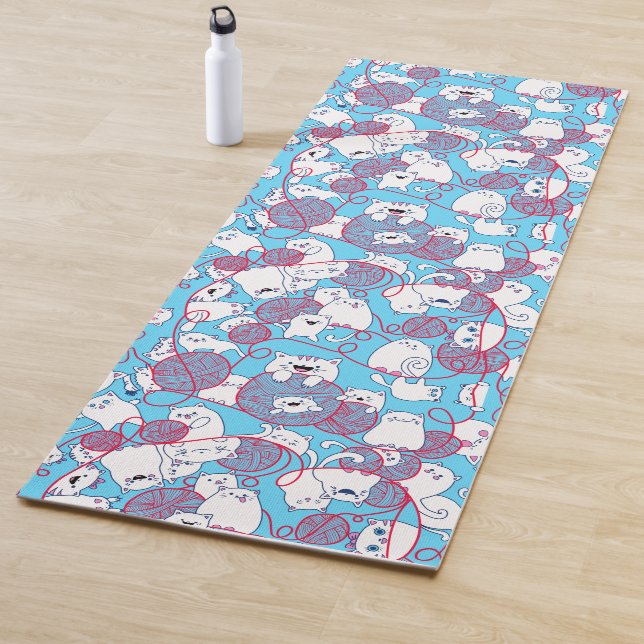 Blue Funny Cute Knitting Kitten Ball Yoga Mat (In Situ)