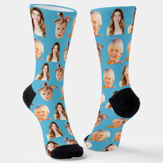 Blue Funny Personalised Mum of 3 Kids Photo Socks (Angled)