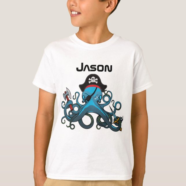 Blue furious Octopus Pirate  T-Shirt (Front)