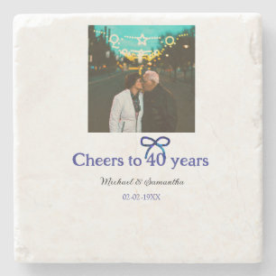 Blue g bow cheers to 40 years anniversary wedding stone coaster