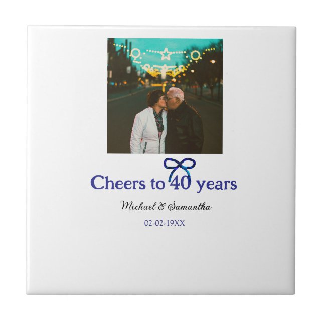 Blue g bow cheers to 40 years anniversary wedding  tile (Front)