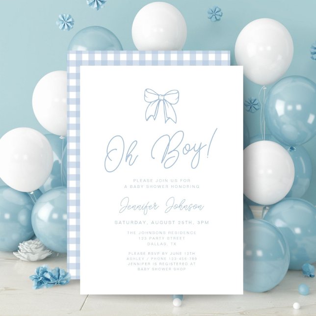 Blue G|ingham Bow Oh Boy Baby Shower Invitation (Cute Blue Coquette Bow Boy Baby Shower Invitation)