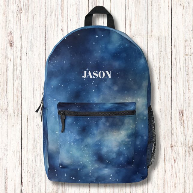 Blue Galactic Night Modern Monogram Printed Backpack (Creator Uploaded)