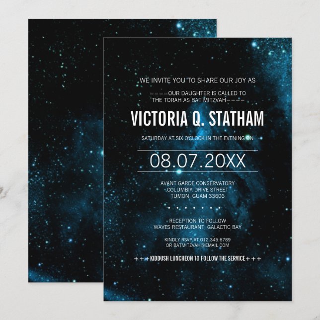 Blue Galaxy Bat Mitzvah Party Invite (Front/Back)