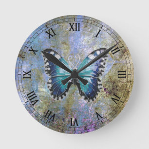 Blue Galaxy Butterfly Round Clock