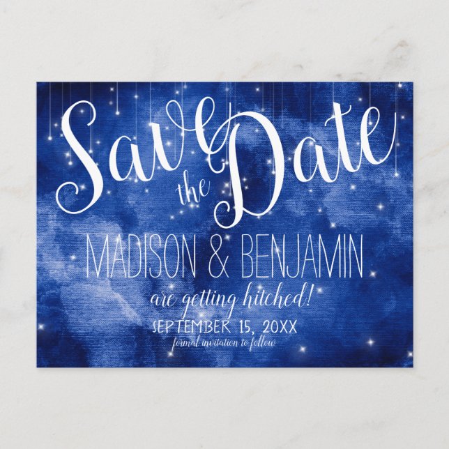 Blue Galaxy Celestial Stars Lights Save the Date Postcard (Front)