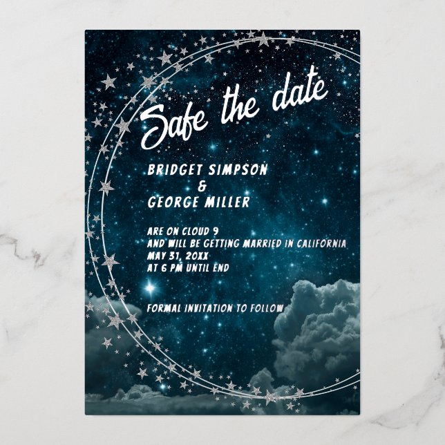 blue galaxy cloud 9 wedding safe the date (Front)