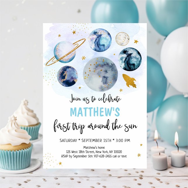Blue Galaxy First Trip Around The Sun Birthday Invitation (Creator Uploaded)