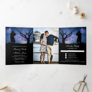Blue Galaxy Romantic Couple Photo Wedding Tri-Fold Invitation