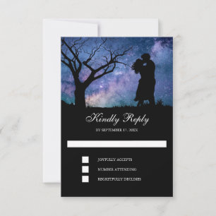 Blue Galaxy Romantic Couple Silhouette Wedding RSVP Card