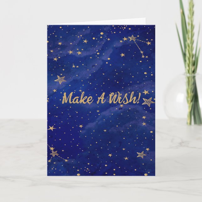 Blue Galaxy With Golden Stars Make A Wish Card (Front)