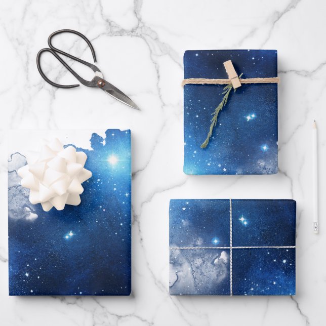 Blue Galaxy Wrapping Paper Flat Sheet Set of 3 (Front)