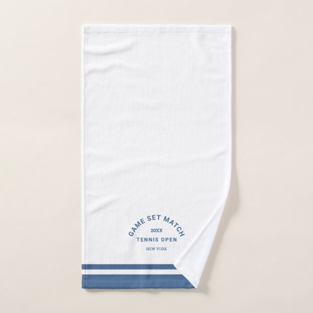 Blue Game Set Match Crest Stripe Tennis Hand Towel (Hand Towel)