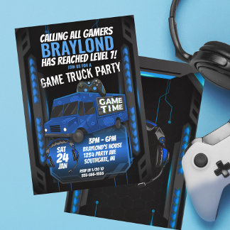 Blue Game Truck Birthday Party Invitation
