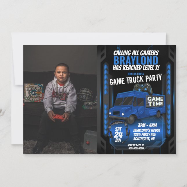 Blue Game Truck Birthday Party Photo Invitation (Front)