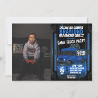Blue Game Truck Birthday Party Photo Invitation