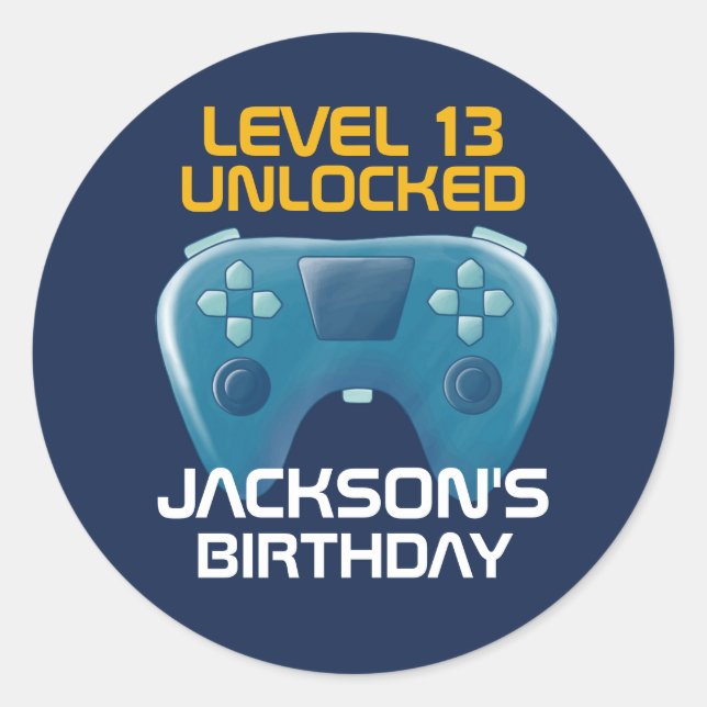 Blue Gamer Boy Gaming Level Unlocked Birthday Classic Round Sticker (Front)