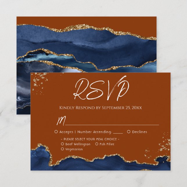 Blue Gand Orange Agate Wedding RSVP (Front/Back)
