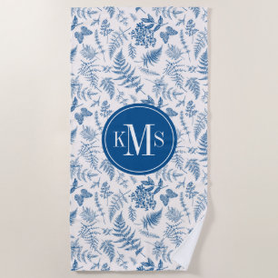 Blue Garden Butterfly & Floral Garden Pattern Beach Towel
