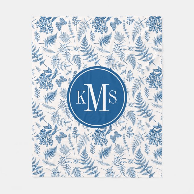 Blue Garden Butterfly & Floral Garden Pattern Fleece Blanket (Front)