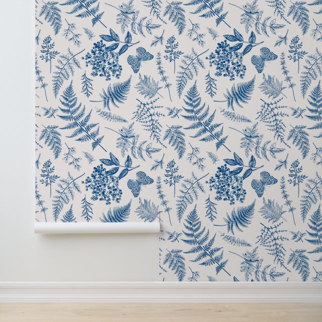 Blue Garden Butterfly & Floral Garden Pattern Wallpaper (Application)