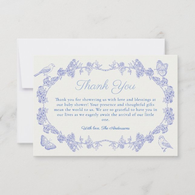 Blue Garden Chinoiserie Baby Shower Thank You Card (Front)