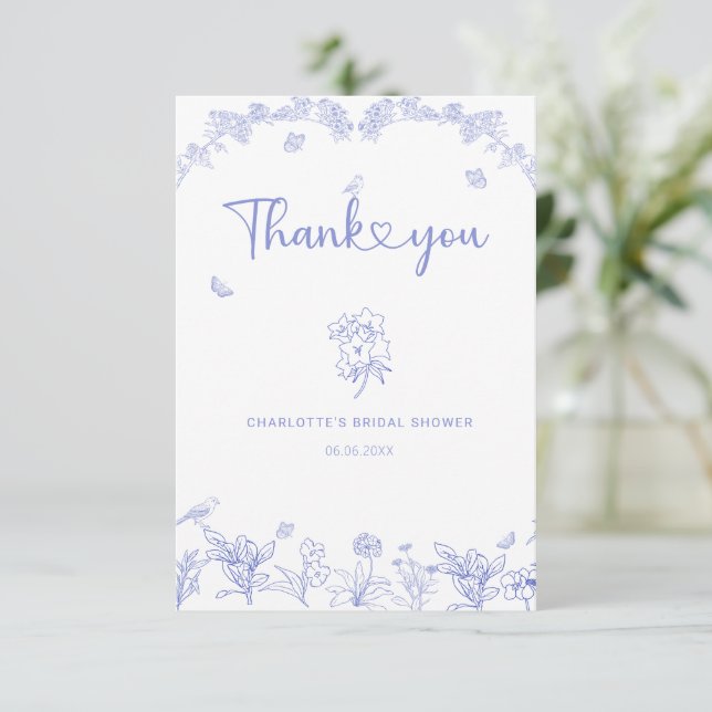 Blue Garden Chinoiserie Bridal Shower Thank You Card (Standing Front)