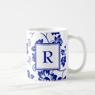 Blue Garden Pattern Monogram Coffee Mug
