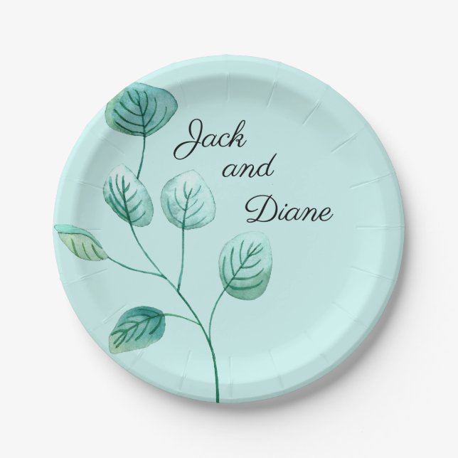 Blue Garden Watercolor Stems Wedding Paper Paper Plate (Front)