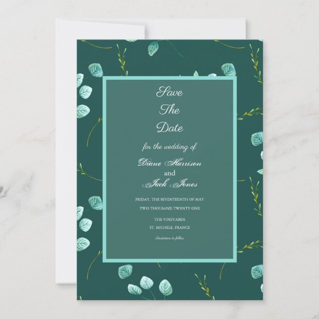 Blue Garden Watercolor Stems Wedding Save The Date Invitation (Front)
