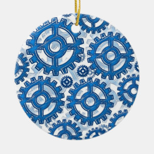 Blue gear wheels ceramic tree decoration