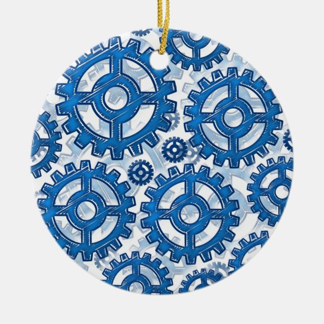 Blue gear wheels ceramic tree decoration (Front)
