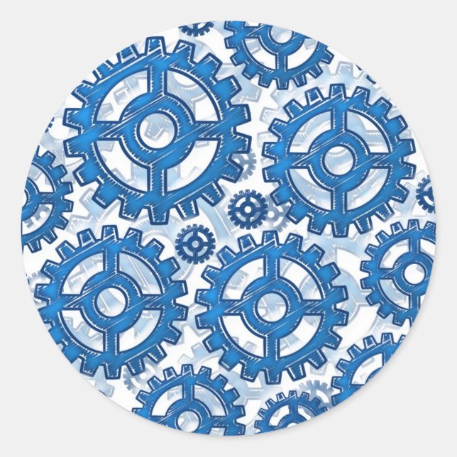 Blue gear wheels classic round sticker (Front)