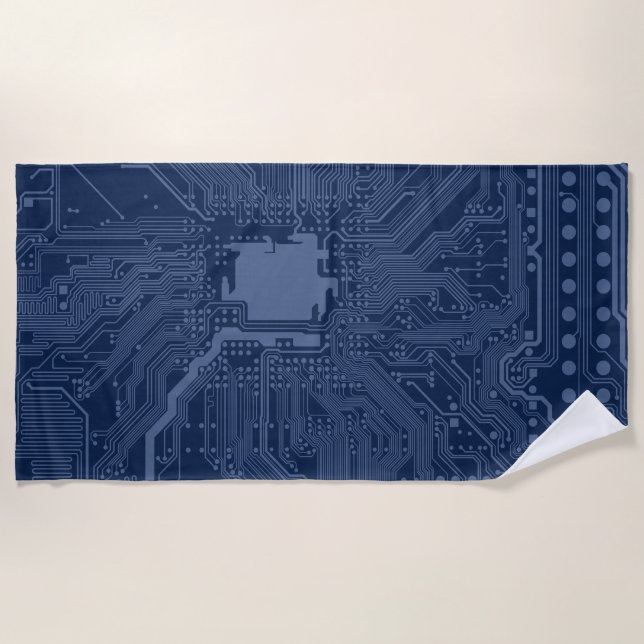 Blue Geek Motherboard Circuit Pattern Beach Towel (Front)