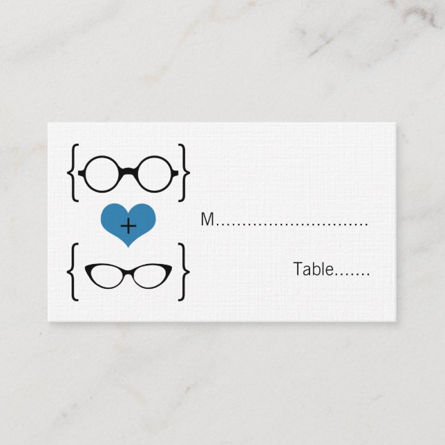Blue Geeky Glasses Wedding Place Cards (Front)