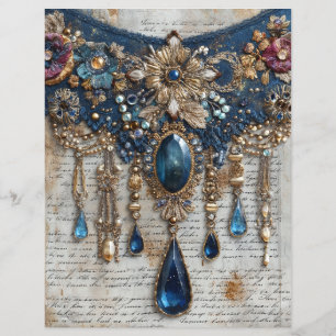 Blue Gems Embroidery Junk Journal Scrapbook Paper