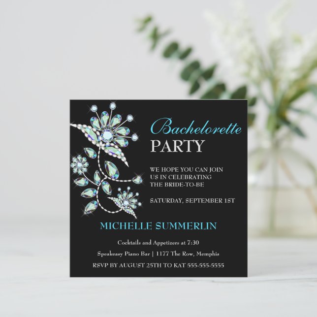 Blue Gems Floral Bachelorette Party Invitation (Standing Front)