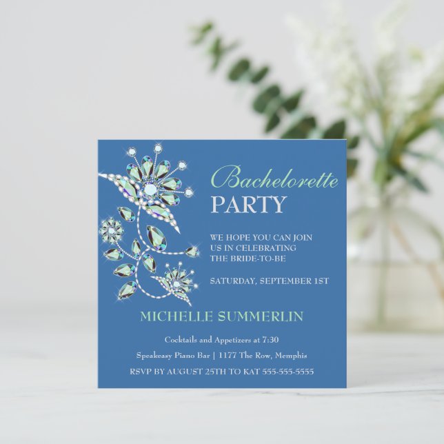 Blue Gems Floral Bachelorette Party Invitation (Standing Front)