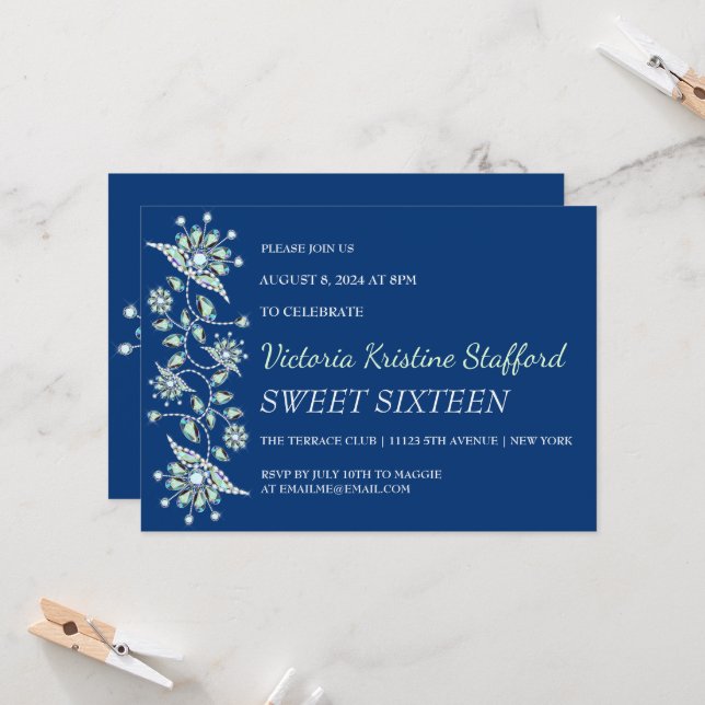 Blue Gems Floral Party Invitation (Front/Back In Situ)
