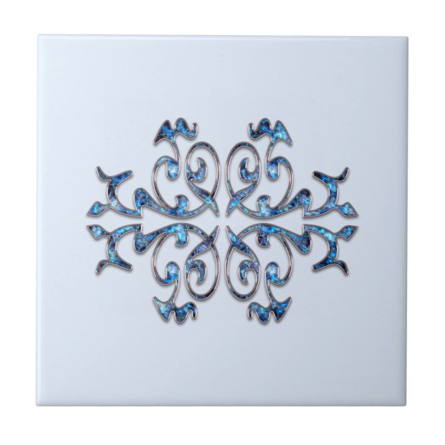Blue Gemstone Leaves Silver Jewel Ceramic Tile (Front)