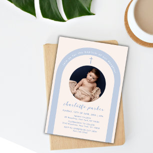 Blue Gender Neutral Boho Arch Cross Photo Baptism Invitation