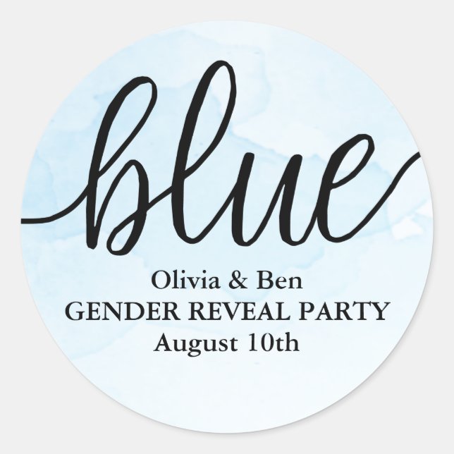 Blue Gender Reveal Baby Shower Classic Round Sticker (Front)