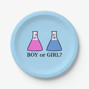 Blue Gender Reveal Science Beaker with Hearts Baby Paper Plate