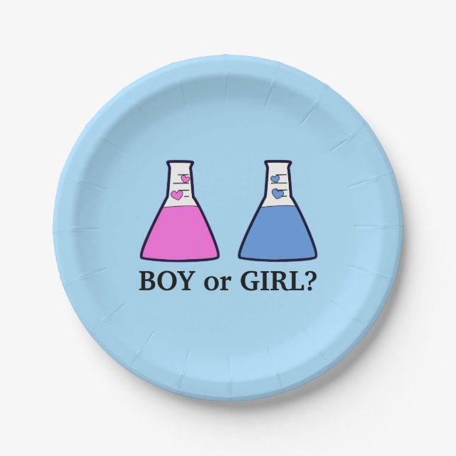 Blue Gender Reveal Science Beaker with Hearts Baby Paper Plate (Front)