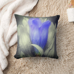 Blue Gentian Flower Black And White Partial Colour Cushion
