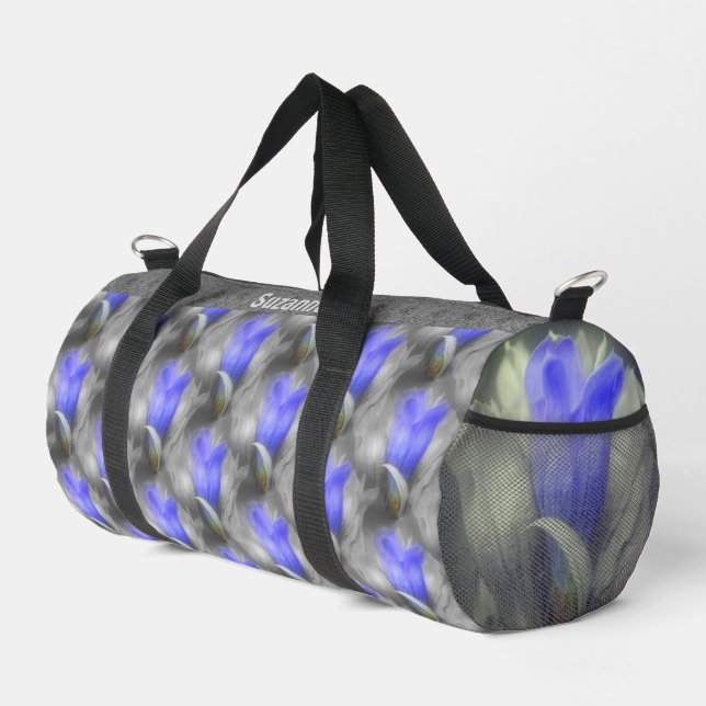 Blue Gentian Flower Nature Pattern Personalised Duffle Bag (Right Corner)