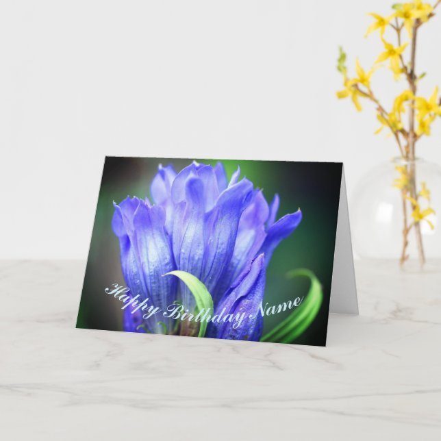 Blue Gentian Flower Personalised Birthday  Card (Yellow Flower)