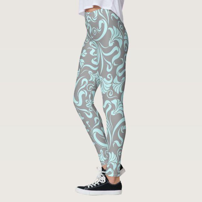 Blue Gentle Floral Graphic Grey Background Legging (Left)